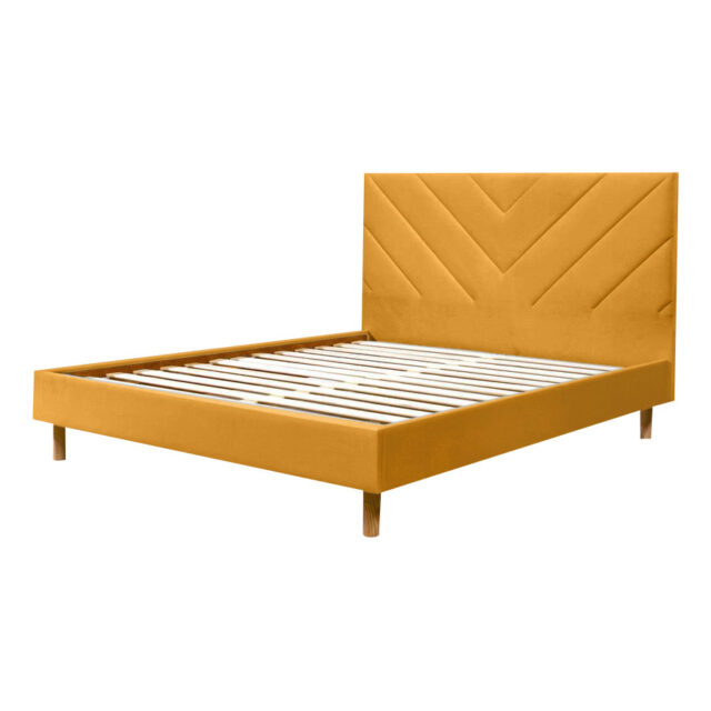 Lit Bobochic Romane, velours jaune, tête piquée et sommier à lattes