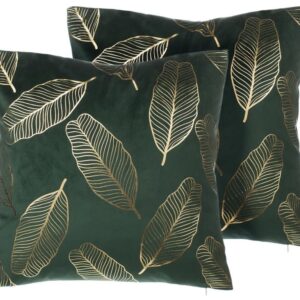 Deux coussins décoratifs Beliani en velours vert à motif de feuilles dorées