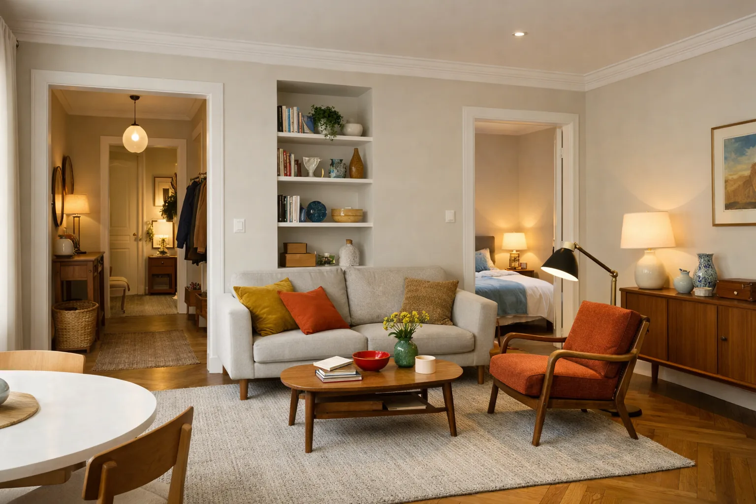 Séjour ouvert sur une entrée, avec un fauteuil éclairé par une lampe et un tapis qui délimite le coin salon.