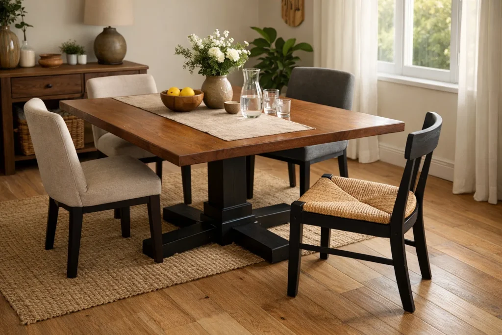 Table rectangulaire à pied central entourée de chaises, dont une reculée pour laisser voir le socle.