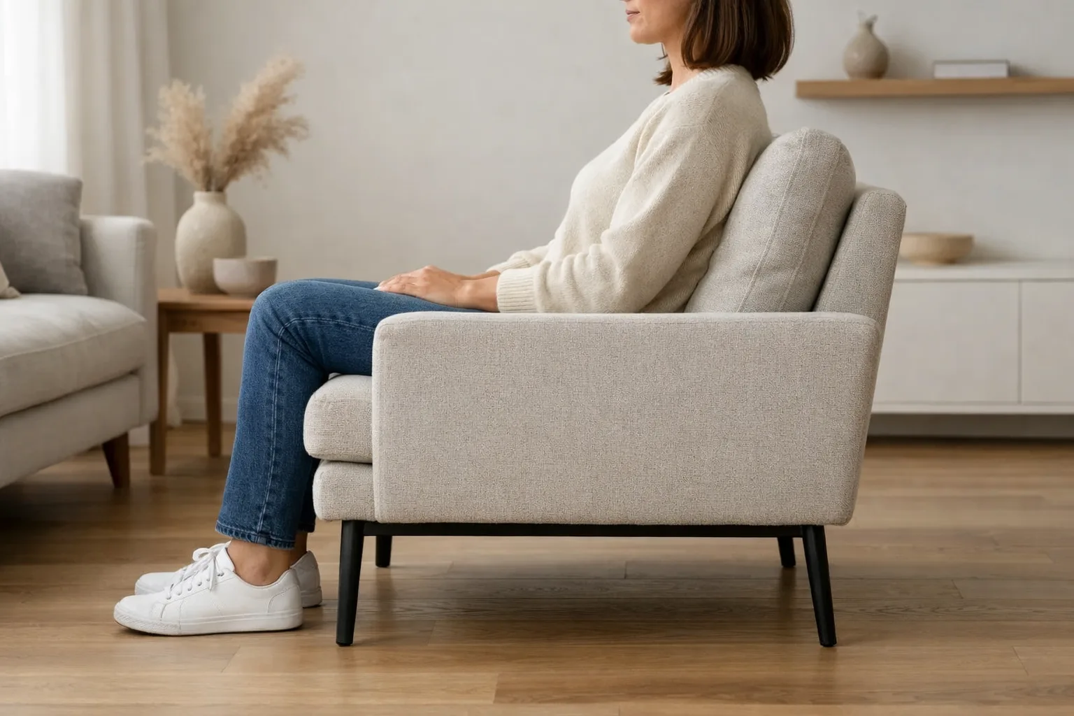 Personne assise de profil dans un fauteuil, les pieds au sol et le dos appuyé contre le dossier.