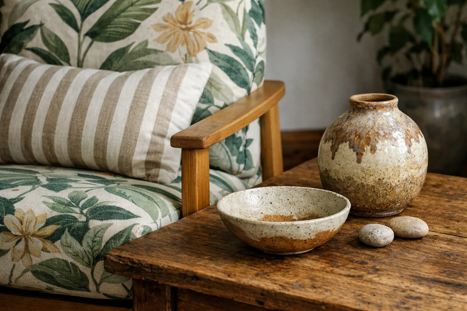 Un fauteuil aux lignes simples porte un textile végétal près d’un coussin rayé, d’une céramique et d’une table en bois.