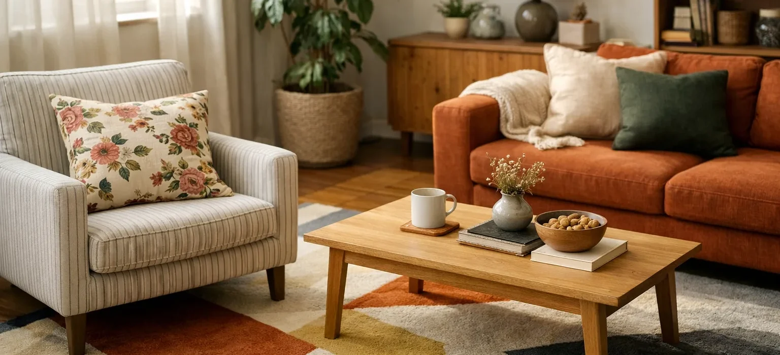 Dans un séjour, un fauteuil rayé côtoie un coussin fleuri et un tapis à formes géométriques.