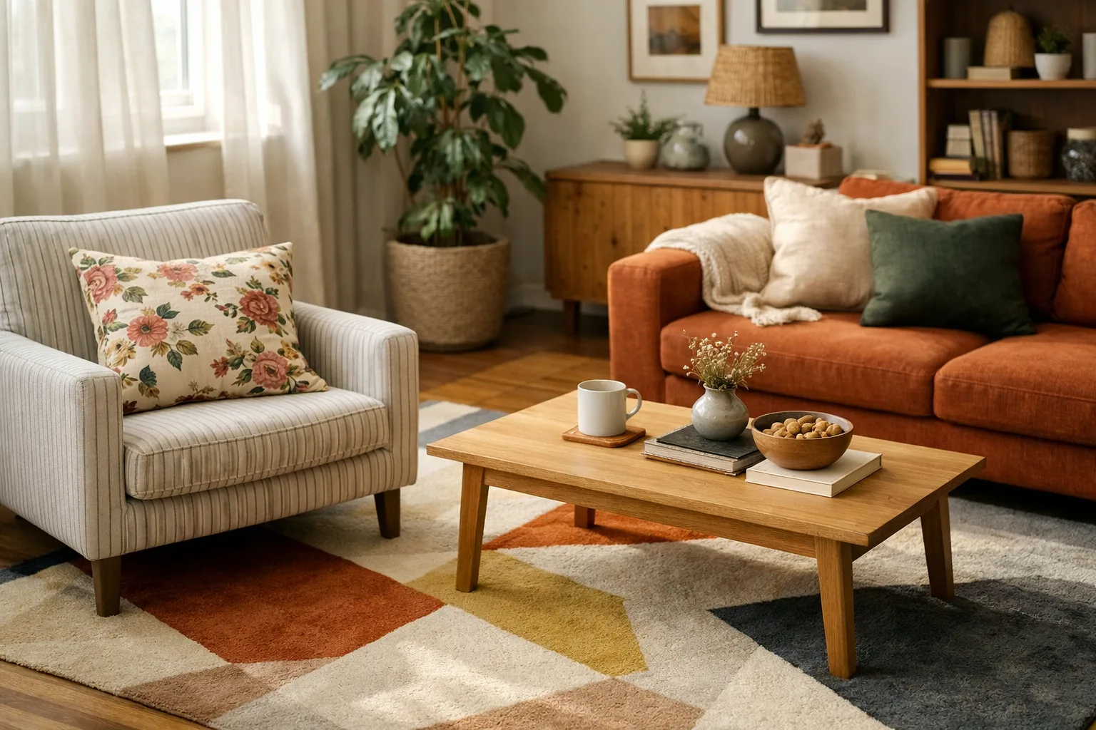 Dans un séjour, un fauteuil rayé côtoie un coussin fleuri et un tapis à formes géométriques.