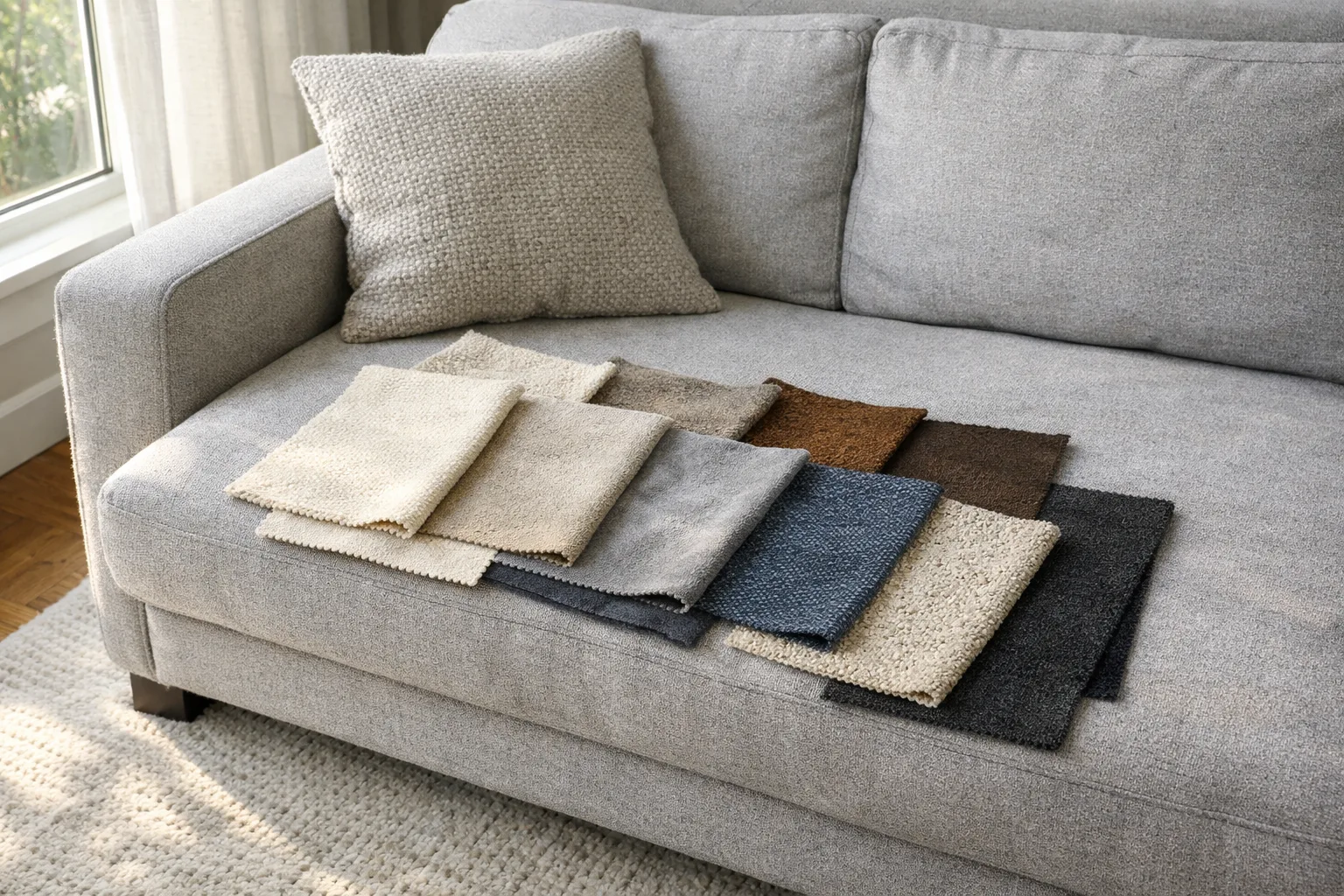 Échantillons de tissu posés sur un canapé près d’une fenêtre, à côté d’un tapis.