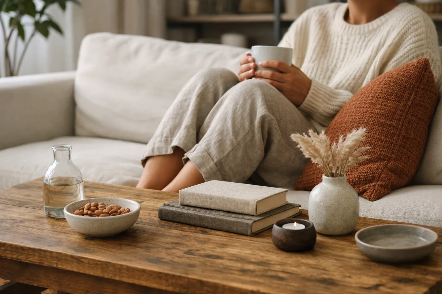 Personne assise jambes repliées sur un canapé profond, avec un coussin dans le dos et une table basse proche.
