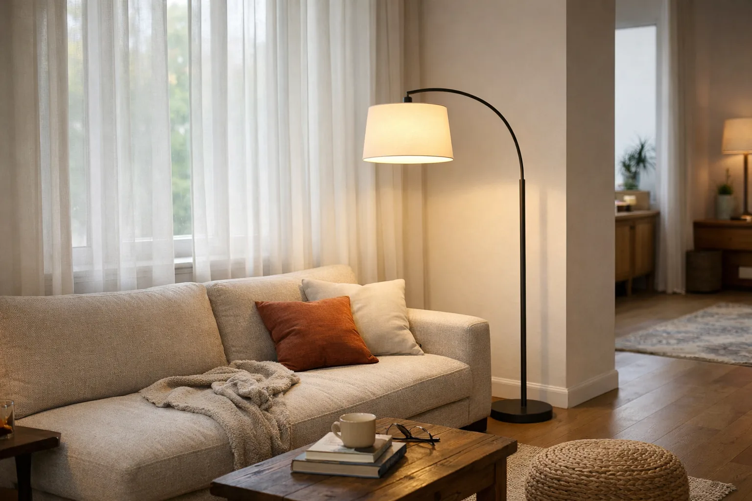 Lampe sur pied éclairant une place de lecture près d’un canapé bas et d’une fenêtre filtrée par des rideaux.