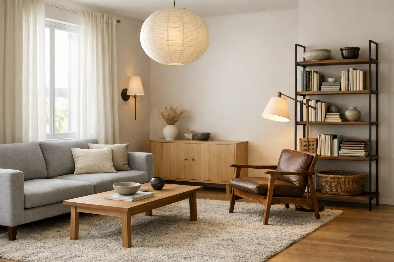 Séjour mêlant un canapé contemporain, un fauteuil en bois au caractère ancien, un tapis texturé et une lampe près d’une fenêtre.