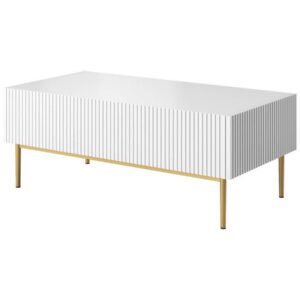Table basse BOBOCHIC KASHA blanche avec façades striées et deux tiroirs