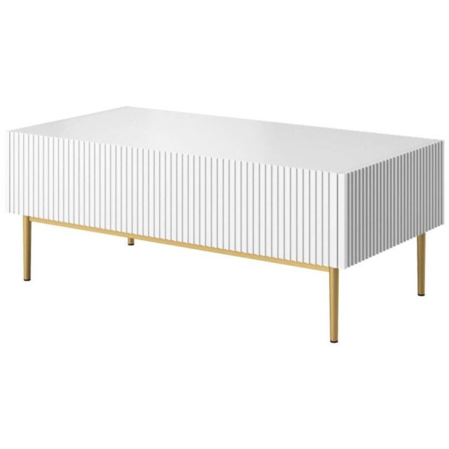 Table basse BOBOCHIC KASHA blanche avec façades striées et deux tiroirs