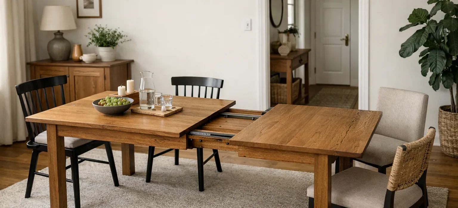 Table de salle à manger en bois partiellement déployée, entourée de chaises avec un passage dégagé vers une porte.