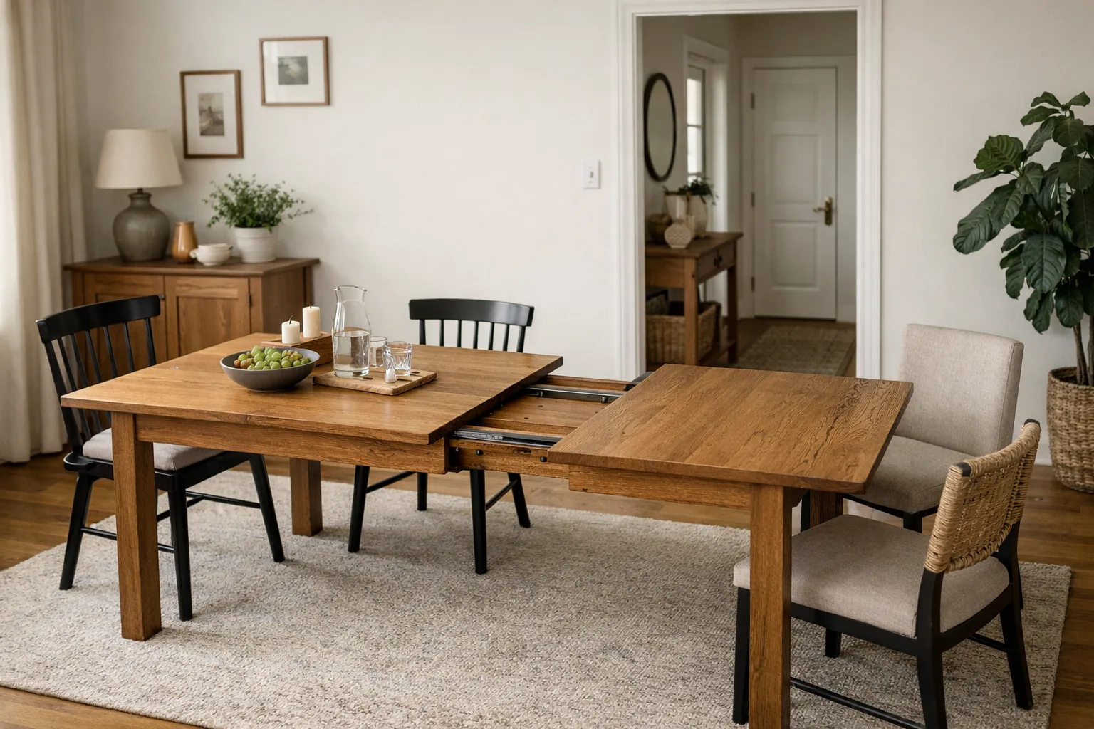 Table de salle à manger en bois partiellement déployée, entourée de chaises avec un passage dégagé vers une porte.
