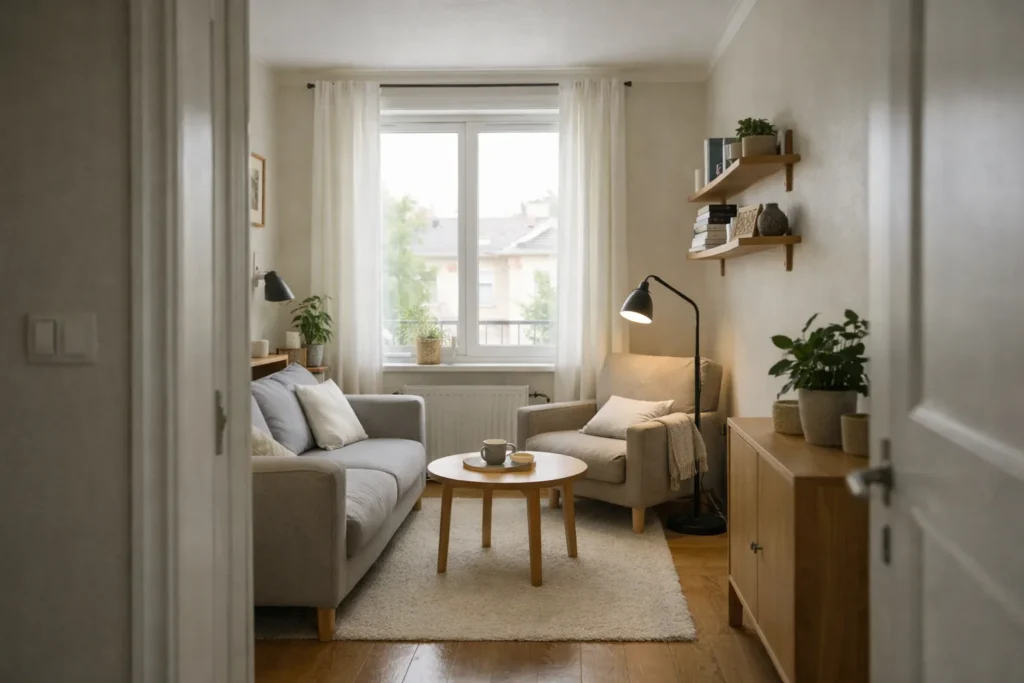 Séjour compact avec un canapé laissant un passage libre, des étagères murales et une lampe près d’un fauteuil.