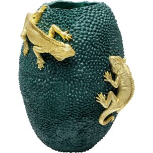 Vase Kare Design Chameleon vert texturé avec des caméléons dorés en relief